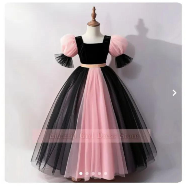 Pink And Black Tulle Hand Made Flower Girl Dresses Brithday Party Princess